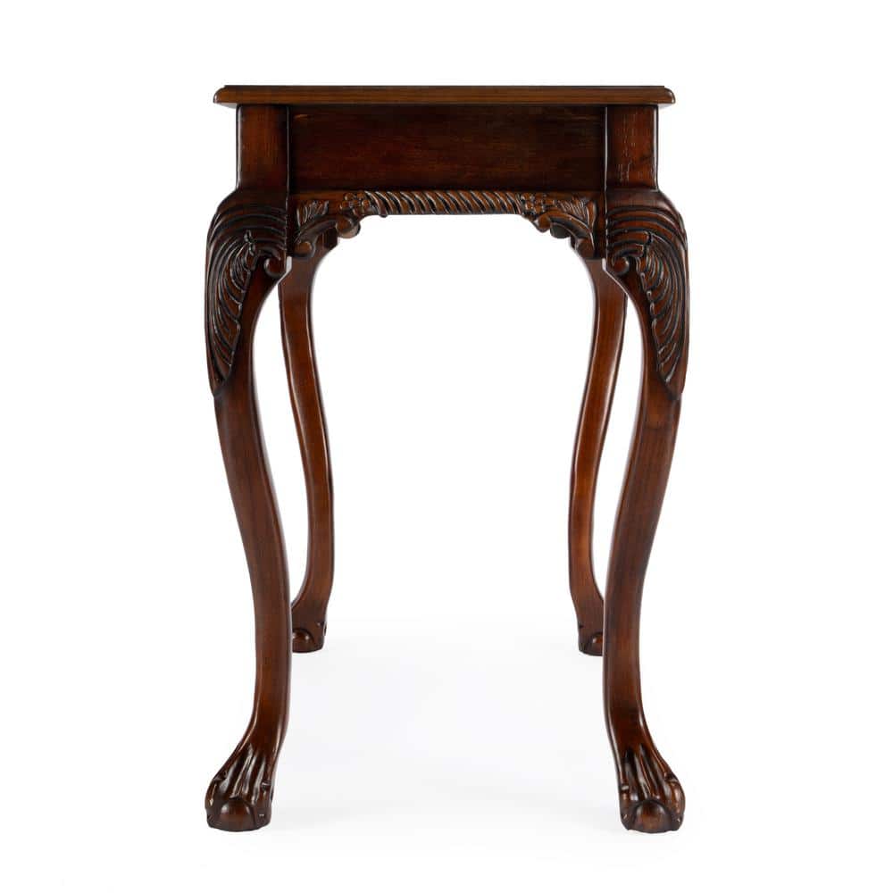 Cherry Brown Wood Writing Desk with Drawer and Carved Details
