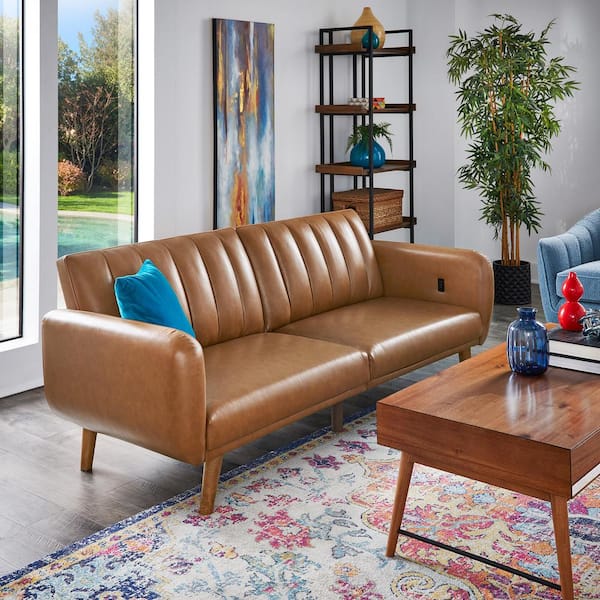 HomeSullivan 81 in. Square Arm Faux Leather Rectangle Convertible Split-Back Futon Sofa Bed With Usb Charging Ports in. Caramel