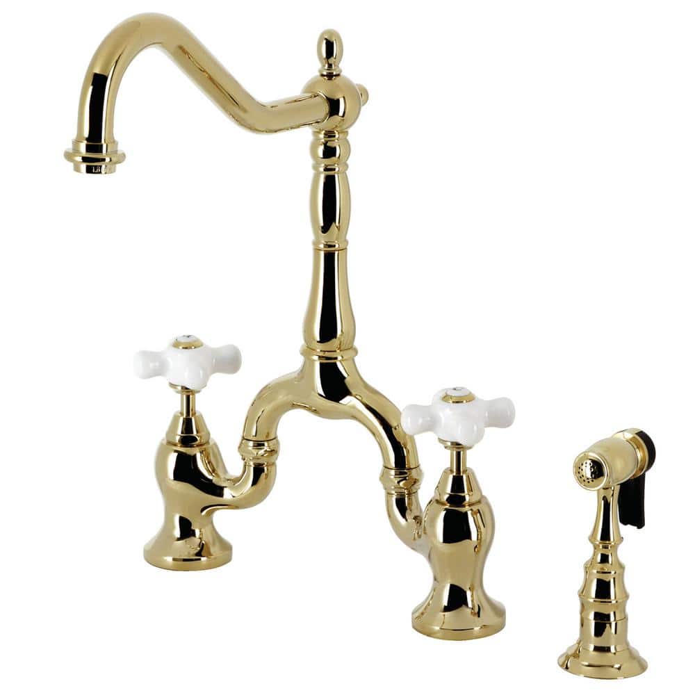 Kingston Brass English Country Double-Handle Deck Mount Gooseneck Bridge  Kitchen Faucet with Brass Sprayer in Polished Brass HKS7752PXBS - The Home  Depot