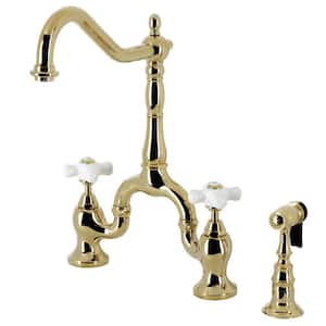 English Country Double-Handle Deck Mount Gooseneck Bridge Kitchen Faucet with Brass Sprayer in Polished Brass