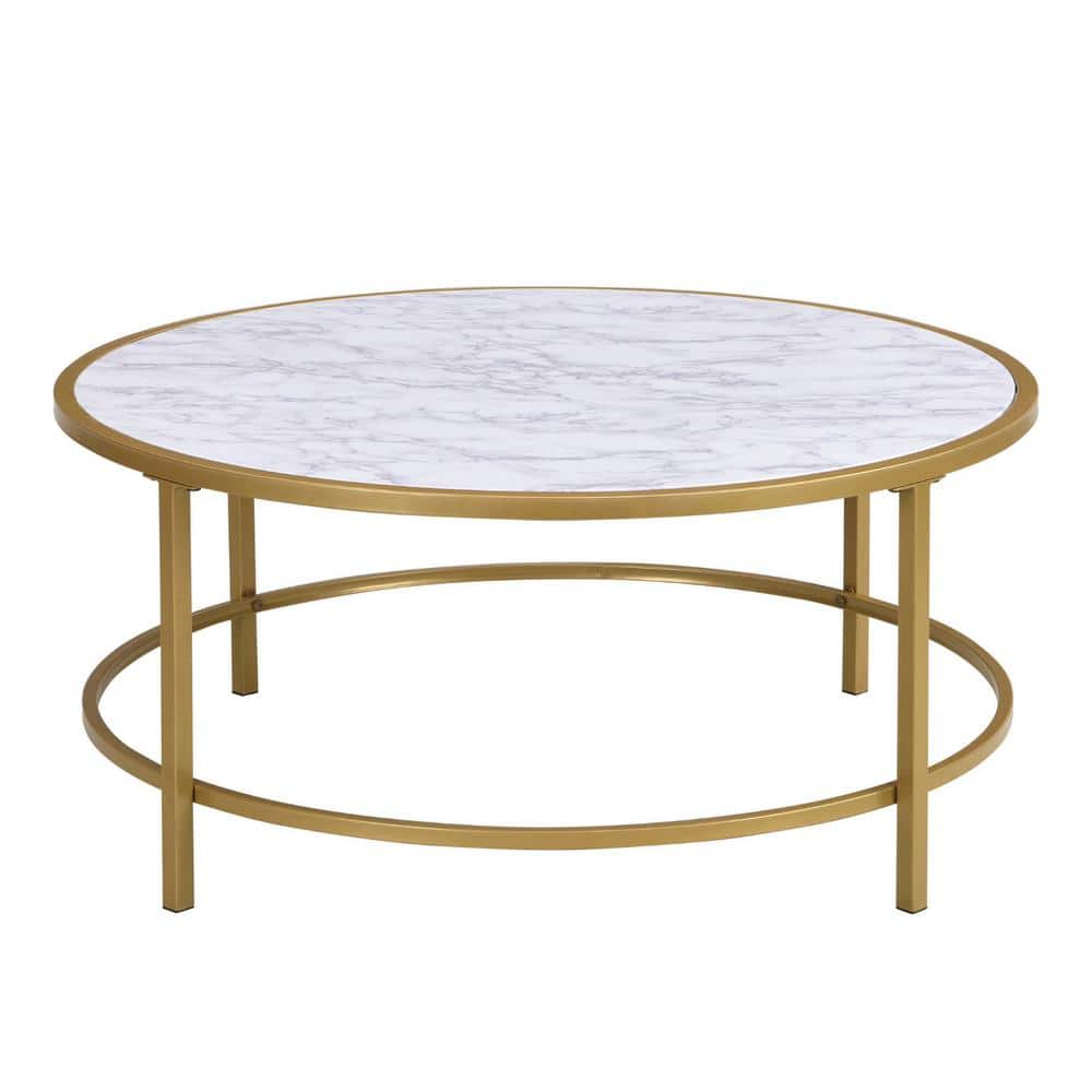 HomeRoots Mariana 36 in. Gold Round Faux Marble Coffee Table 2000493310 ...