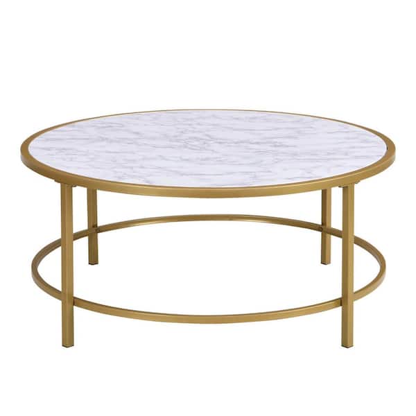 HomeRoots Mariana 36 in. Gold Round Faux Marble Coffee Table