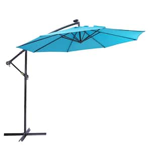 10 ft. Metal Hanging Cantilever Solar LED LightsOffset Outdoor Patio Umbrella in Blue
