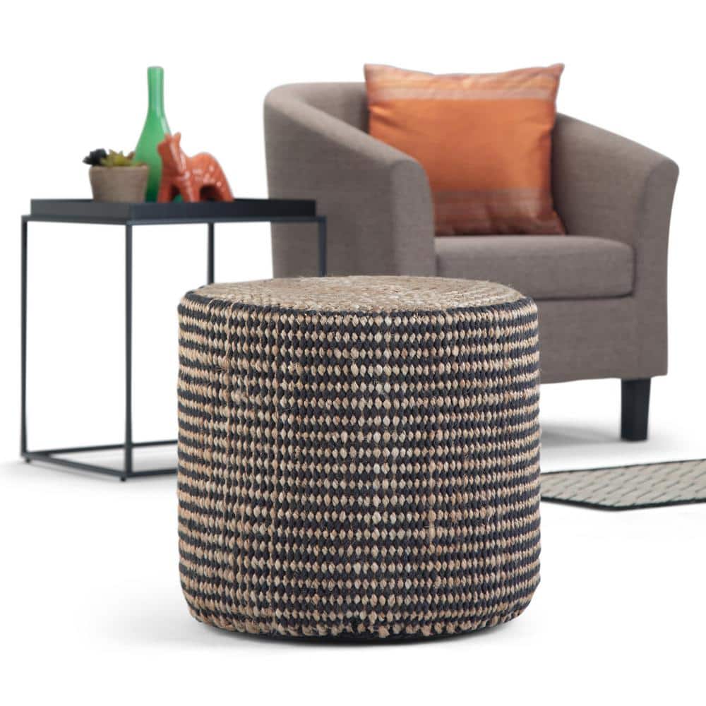 Natural and Black Round Braided Jute Pouf