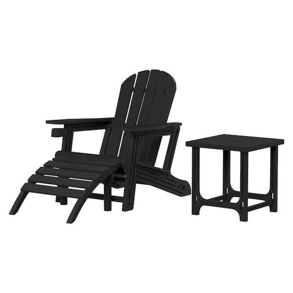 Coastline Black 3-Piece All Weather HDPE Poly Plastic Patio Conversation Set w/ Ottoman and Side Table