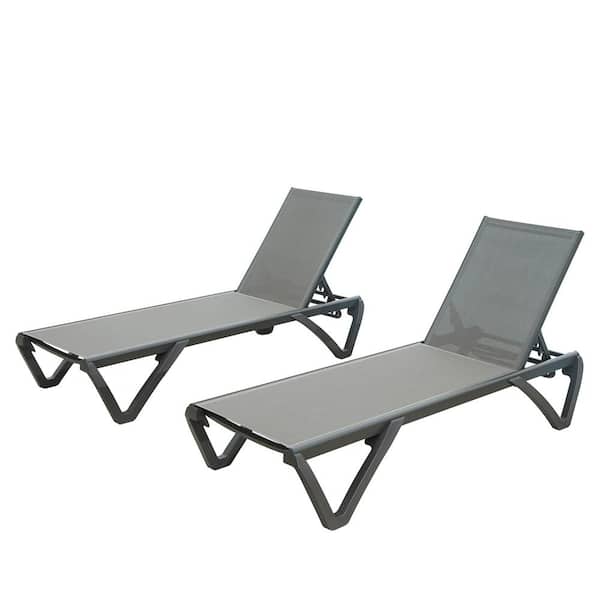 Sudzendf Gray Outdoor Aluminum Patio Chaise Lounge Poolside Sunbathing Chair with Adjustable Backrest Set of 2