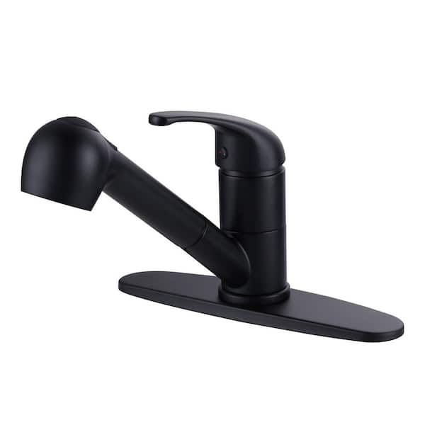 6.8 in. H Single Handle 90 Degree Spout Swivel Pull Out Sprayer Kitchen Faucet with Deckplate in Matte Black