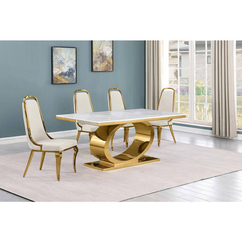 Cream and Gold Marble Top Pedestal Dining Set with 4 Chairs