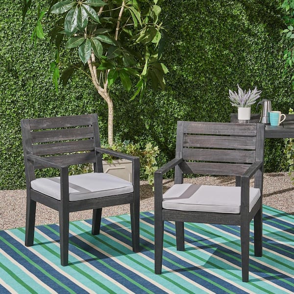 Harper & Bright Designs Dark Gray 100% Solid Wood Outdoor Dining Chair Armchair with Light Gray Cushions (2-Pack)