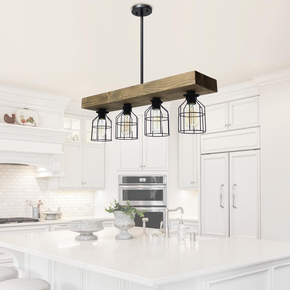 32" Black and Brown LED Rustic Wooden Beam Pendant Light