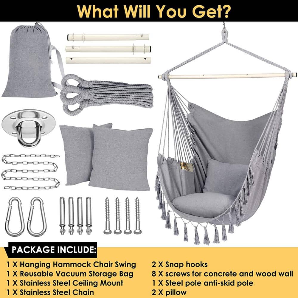 Light Gray Cotton Hanging Chair with Cushions and Pocket