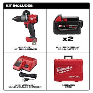 M18 FUEL 18-Volt Lithium-Ion Brushless Cordless 1/2 in. Drill / Driver Kit W/(2) 5.0Ah Batteries, Charger, and Hard Case