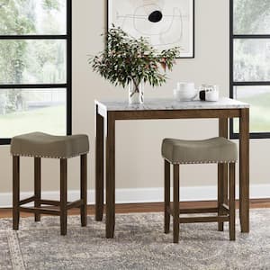 Viktor Three Piece Dining Set Kitchen Pub Table White Marble Table Top, Light Brown Wood Base, Light Beige Fabric Seat