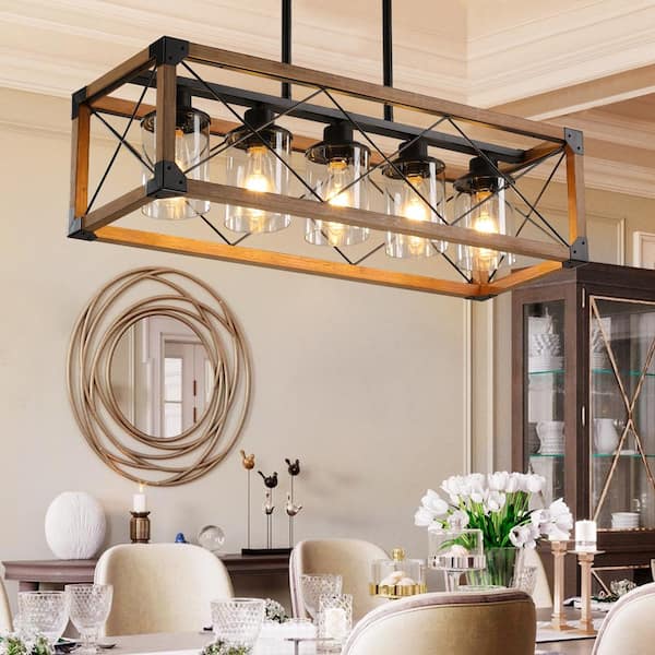 5 Lights Walnut and Black Farmhouse Linear Chandelier with Clear Glass Shade (Bulbs not Included)
