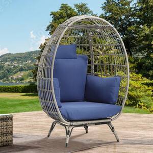 Wicker Chair Outdoor Egg Lounge Chair Navy Blue Egg Chair with Cushion PE Rattan Chair for Patio, Garden, Backyard