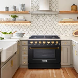 36in. 6 Burners Freestanding Gas Range in Black and Gold with Convection Fan Cast Iron Grates and Black Enamel Top