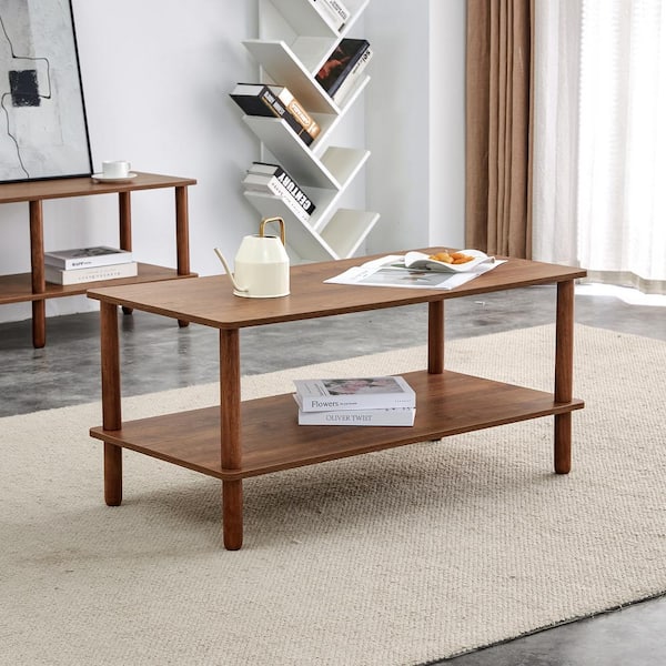 40.00 in. Modern 2-Tier Walnut Rectangular Wood Coffee Table with Open Storage Shelf for Living Room
