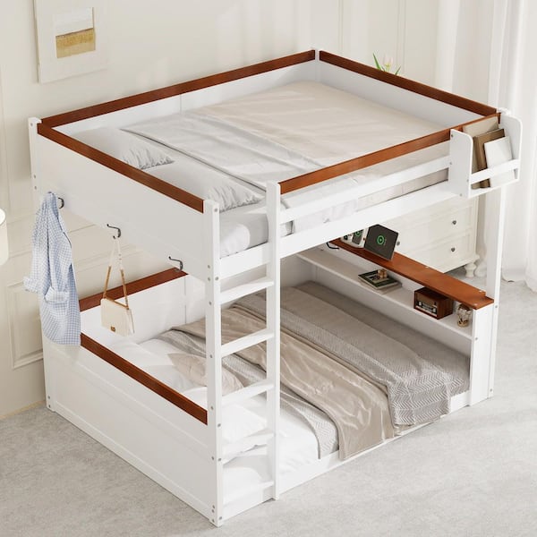 White Queen Over Queen Bunk Bed with Built-in Shelves