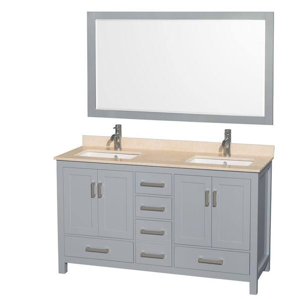 Wyndham Collection Sheffield 60 in. W x 22 in. D Vanity in Gray with Marble Vanity Top in Ivory with White Basins and 58 in. Mirror