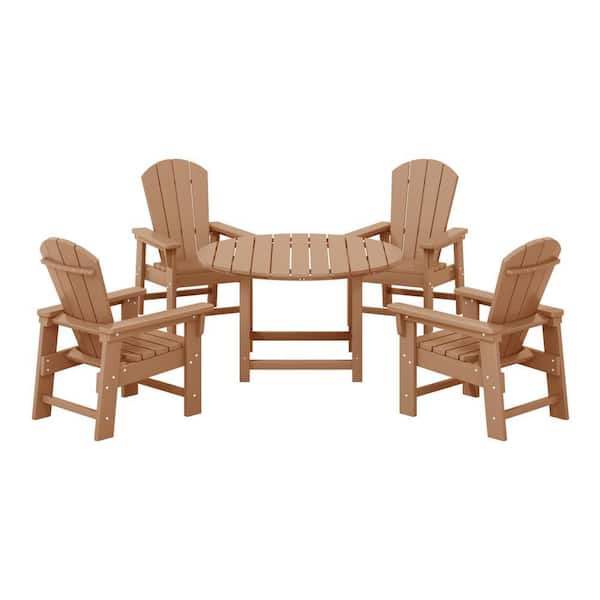 Children's Laguna Outdoor Patio All Weather Plastic 5-Piece Kids Adirondack Round Picnic Table Dining Set in Teak