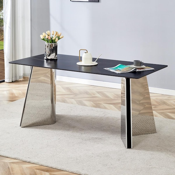 Black/Silver Sintered Stone Top Double Pedestal Dining Table with Stainless Steel Butterfly Legs Seats 4