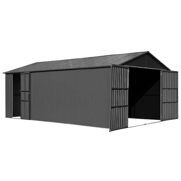 Gray 12 ft. x 15 ft. Extra Large Outdoor Metal Garage Shed with Lockable Double, Hinged Doors, Heavy Duty Car Shelter