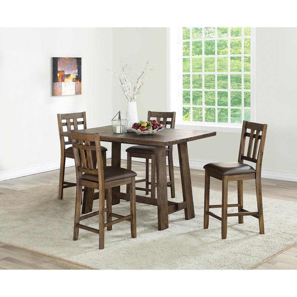 Mocha Acacia 5-Piece Dining Set with Faux-Leather Seats