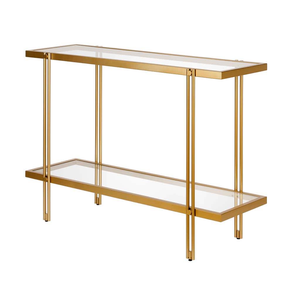 Modern Brass Finish Metal Console Table with Glass Shelf