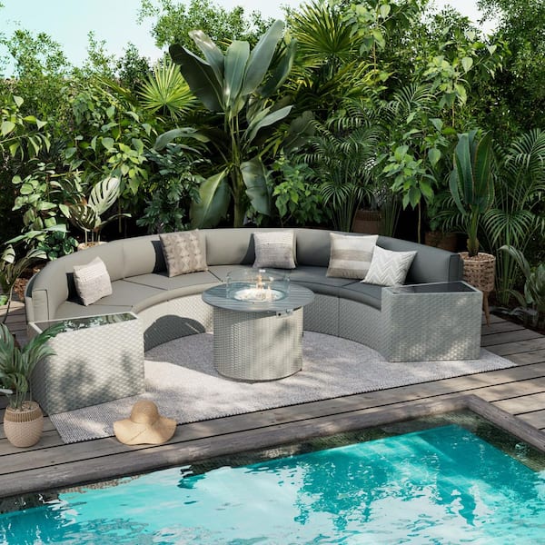 ELPOSUN 6-Person 9-Piece Fully Assembled Wicker Curved Half-Moon Outdoor Patio Fire Pit Conversation Set with Gray Cushions