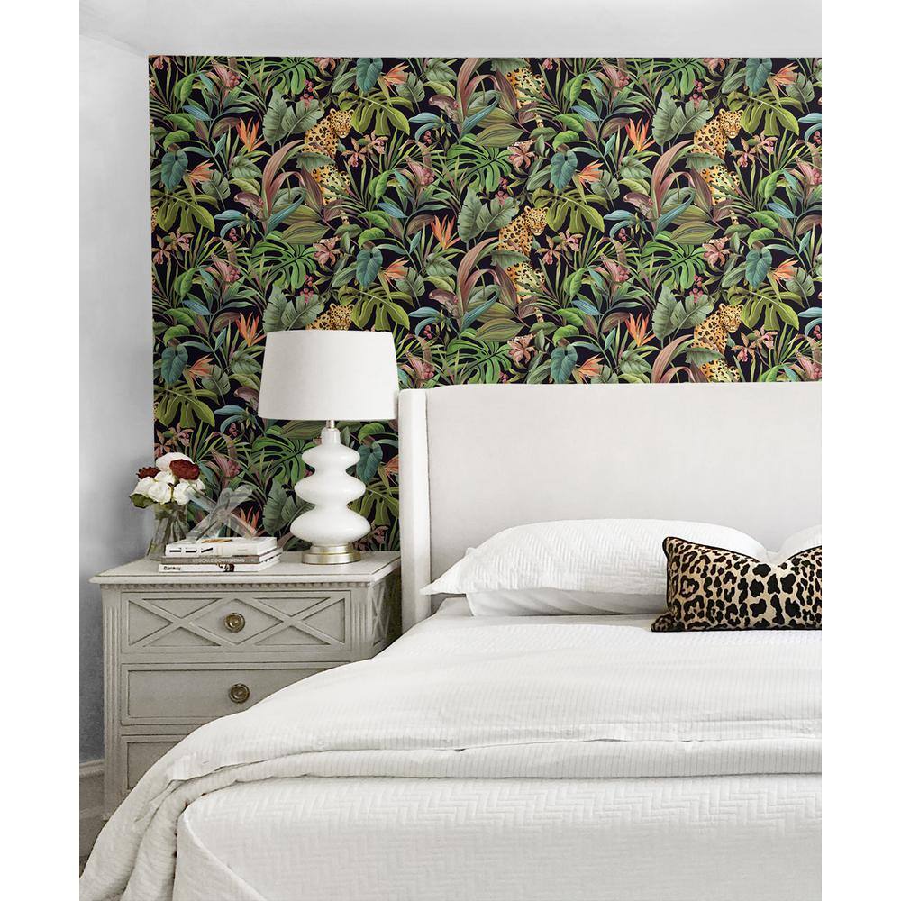 Gloss Black Tropical Leopard Peel and Stick Wallpaper Roll