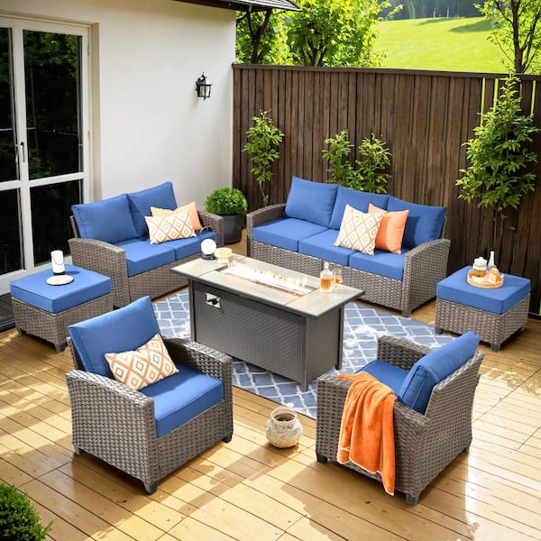 Palermo Brown 7-Piece Wicker Outdoor Modular Patio Furniture Sofa Set with Metal Fire Pit and Navy Blue Cushions