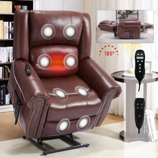 Red Dual Motor Genuine Leather Power Lift Recliner Heat Massage, Heavy Duty Motion Mechanism with USB Ports