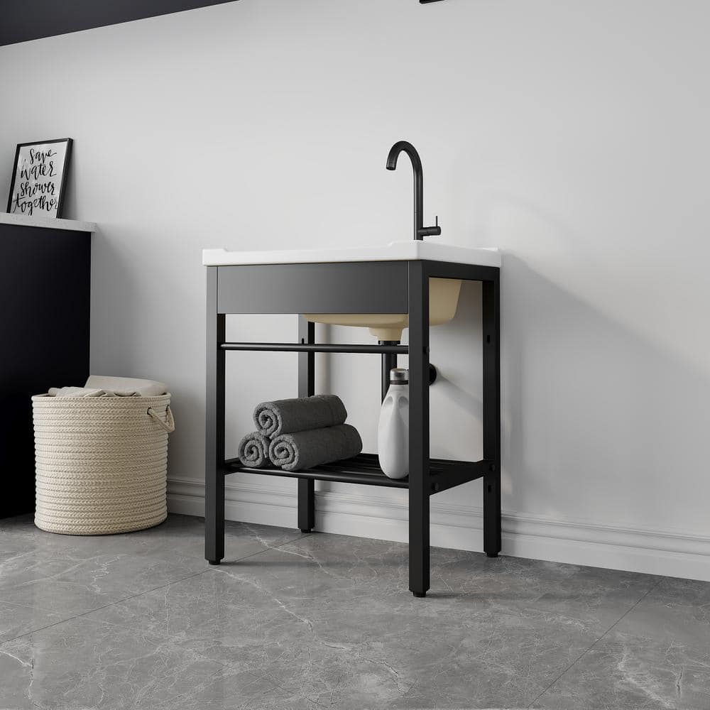 24" White Ceramic Freestanding Laundry Sink with Black Metal Frame