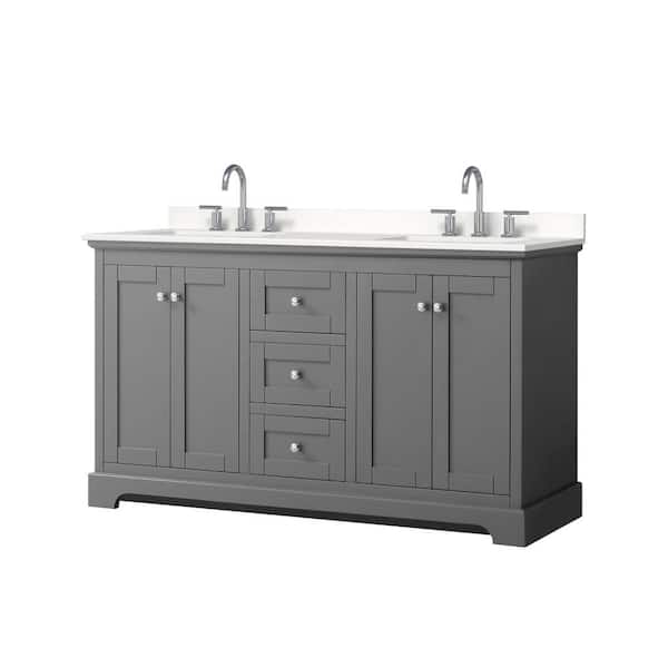 Wyndham Collection Avery 60 in. W x 22 in. D x 35 in. H Double Bath Vanity in Dark Gray with White Quartz Top