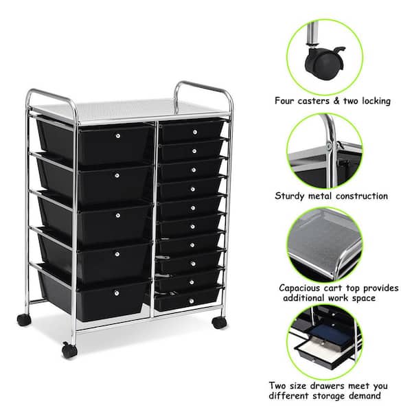 FORCLOVER 15-Drawer Steel 4-Wheeled Utility Rolling Cart Storage Organizer in Black