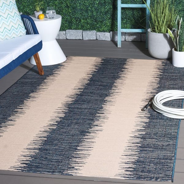 Courtyard Beige/Navy 7 ft. x 10 ft. Striped Modern Indoor/Outdoor Area Rug