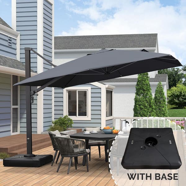 11 ft. Square Large Outdoor Aluminum Cantilever 360-Degree Rotation Patio Umbrella with Base, Gray