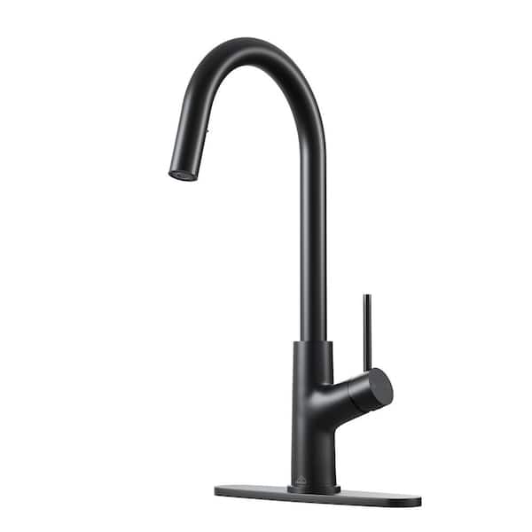 Boyel Living 2-Spray Patterns Single Handle Pull Down Sprayer Kitchen Faucet with Deckplate and Water Supply Hoses in Matte Black