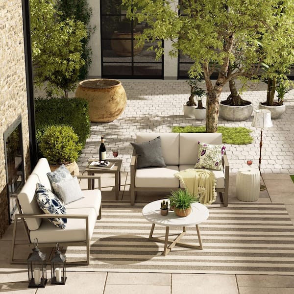 PEAK HOME FURNISHINGS Hamarto Aluminum 4-Piece Outdoor Conversation Set with Warm White Cushions