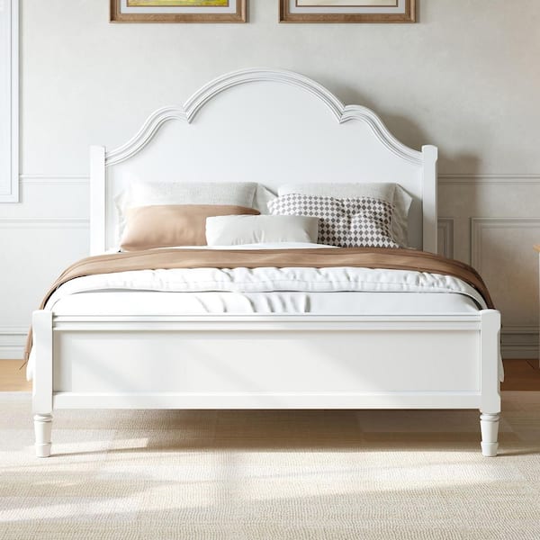White Solid Wood Frame Queen Platform Bed with Headboard and Footboard
