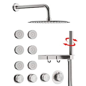 Thermostatic 7-Spray Wall Mount Round 2.5 GPM Shower System with Shelf and Hooks in Brushed Nickel (Valve Included)