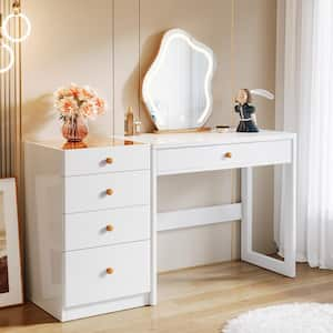 Ellie White Makeup Vanity Desk with 5 Drawers, Modern Dressing Table with Glass Top (No Mirror)