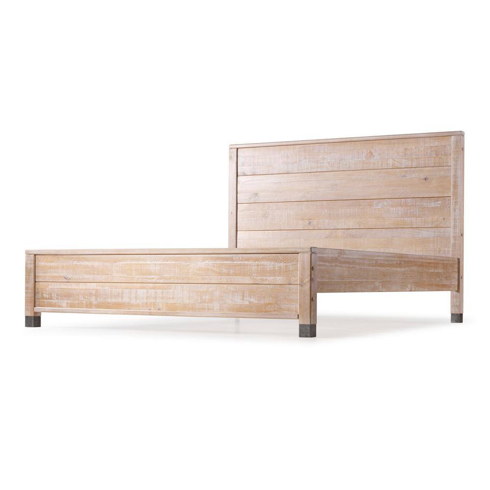 Barnwood Full Pine Wood Platform Bed with Upholstered Headboard