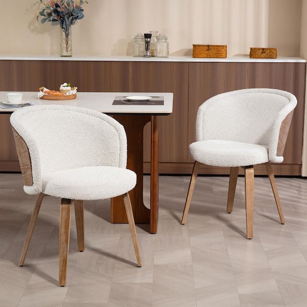Glamour Home Beryl White Washed Boucle Fabric Dining Chair with Natural Wood Legs Set of 2