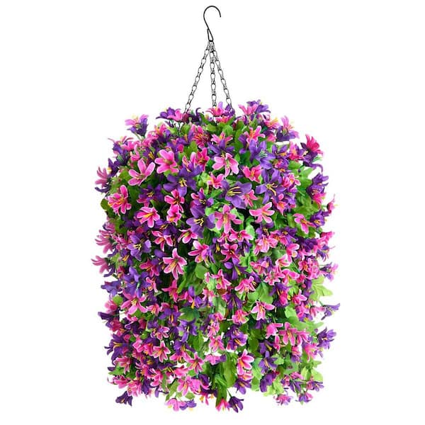 Unbranded 13 .8 in. Artificial Hanging Flowers in Basket, Outside Home Patio Garden Proch Deck Decor, Red Purple