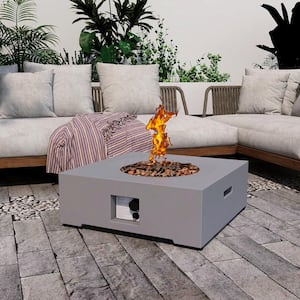 30 in. x 11 in. Square Concrete Propane Gray Fire Pit Kit with PVC Weather Cover