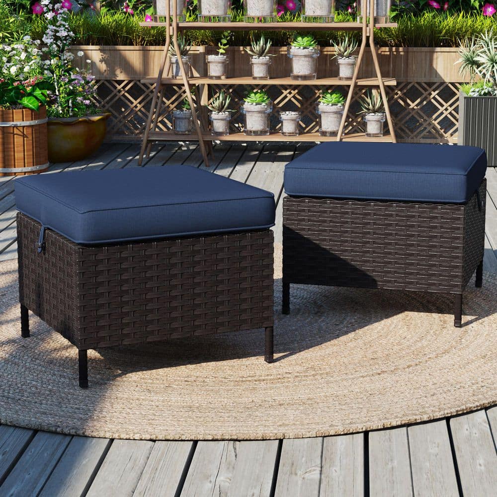 Dark Brown Wicker Outdoor Patio Ottoman with Blue Cushions (Set of 2) price history on PriceWatchPro