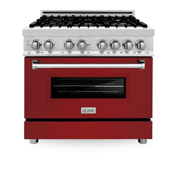 ZLINE Kitchen and Bath 36 in. 6 Burner Dual Fuel Range with Red Gloss Door in Stainless Steel