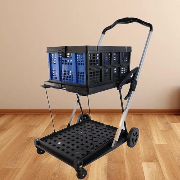 Otryad Folding Service Cart with Wheels Double-Decker, Shopping, Library, Office Warehouse Moving Carts-Black+Blue