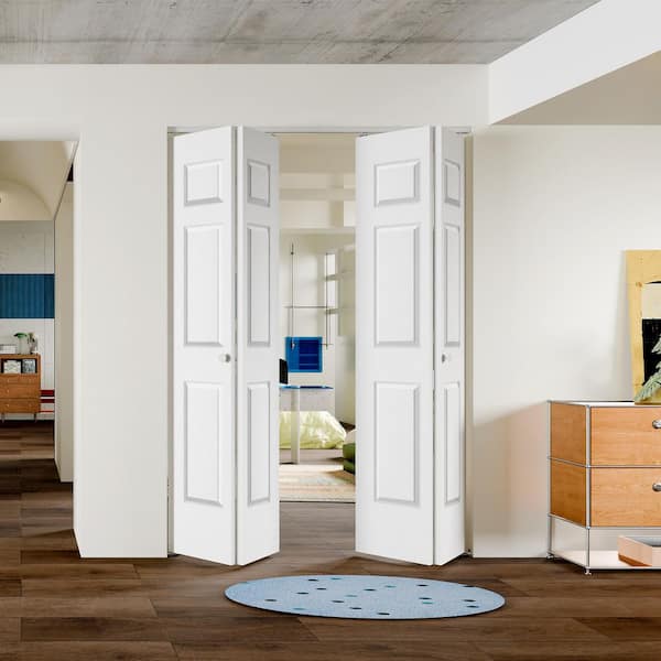 60 in. x 80 in. 6-Panel Textured MDF White Hollow Core Composite DIY Painted Bi-Fold Door with Hardware Kits